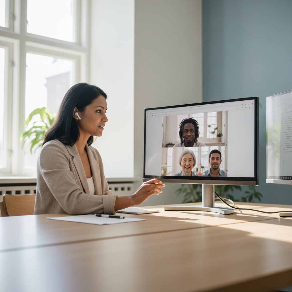 En profesjonell kvinne sitter ved et skrivebord foran to store skjermer og deltar i et videomøte med tre andre personer. Dette illustrerer skjermtolking, en fjerntolkingstjeneste som sikrer trygg, presis og profesjonell kommunikasjon i helsevesenet, rettsvesenet og offentlig sektor, med Hero Tolks 3 500 kvalifiserte tolker.