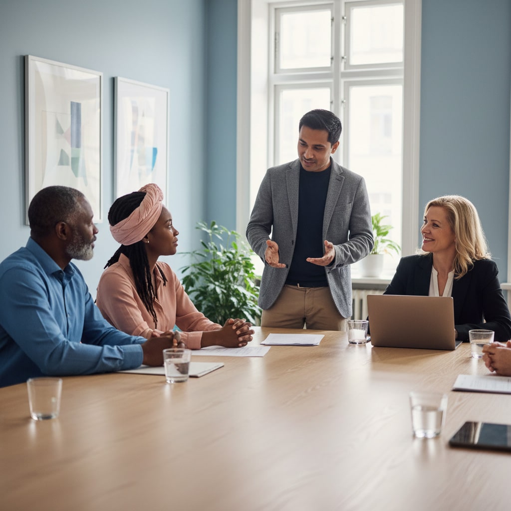 Fire profesjonelle sitter rundt et møtebord, der en mann står og snakker. Bildet illustrerer en tolket samtale med fysisk oppmøte, som sikrer trygg og tydelig kommunikasjon for næringslivet og offentlig sektor, levert av kvalifiserte tolker fra Hero Tolk på over 150 språk.