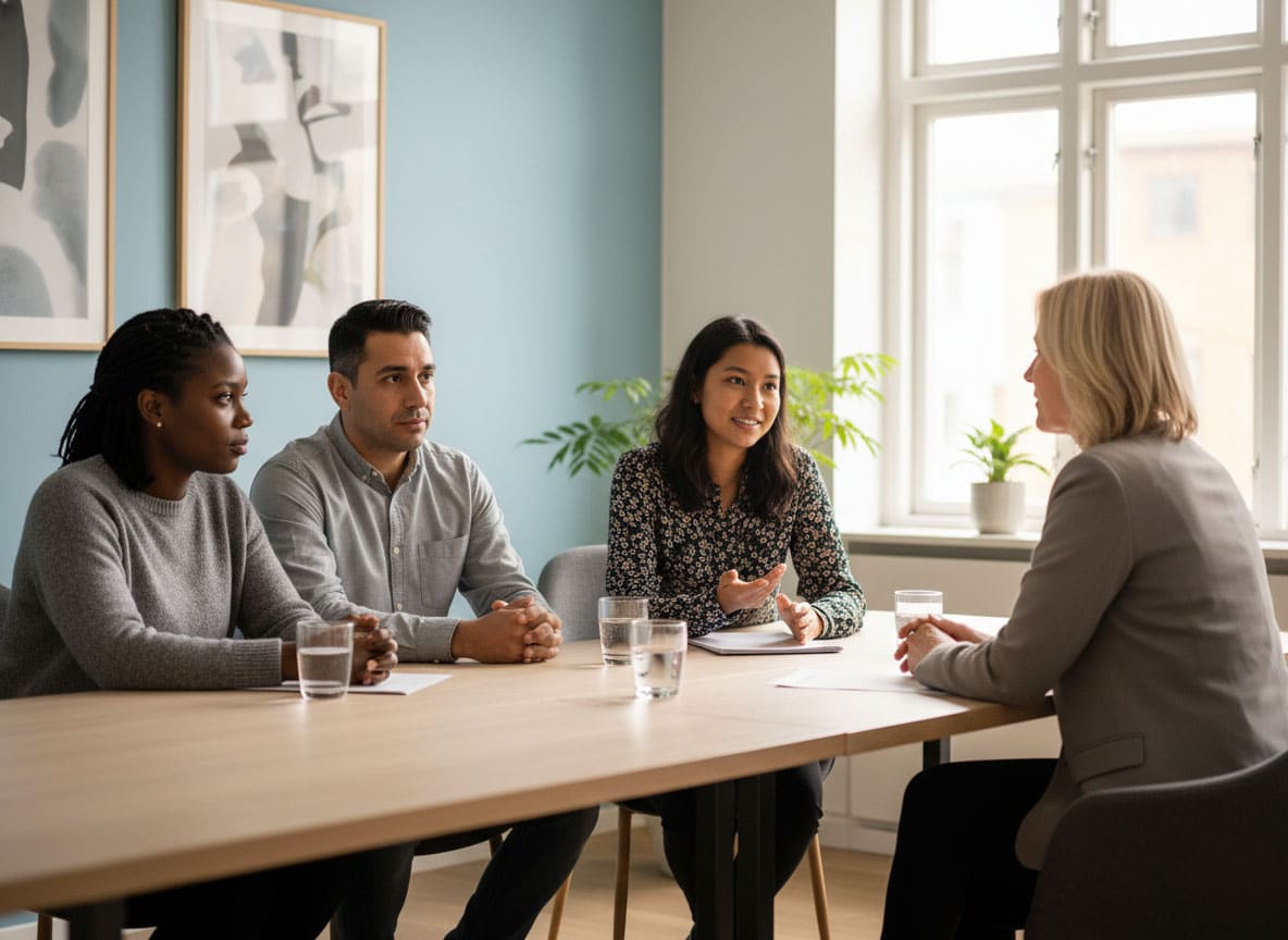 Fire personer, tre kvinner og en mann, sitter ved et bord i et profesjonelt møte. En kvinne forklarer et poeng med håndbevegelser. Dette viser et interkulturelt møte der bruk av tolk sikrer at språkbarrierer blir til trygg dialog og bidrar til bedre avgjørelser. Bestill raskt og enkelt tolk fra Hero Tolk.